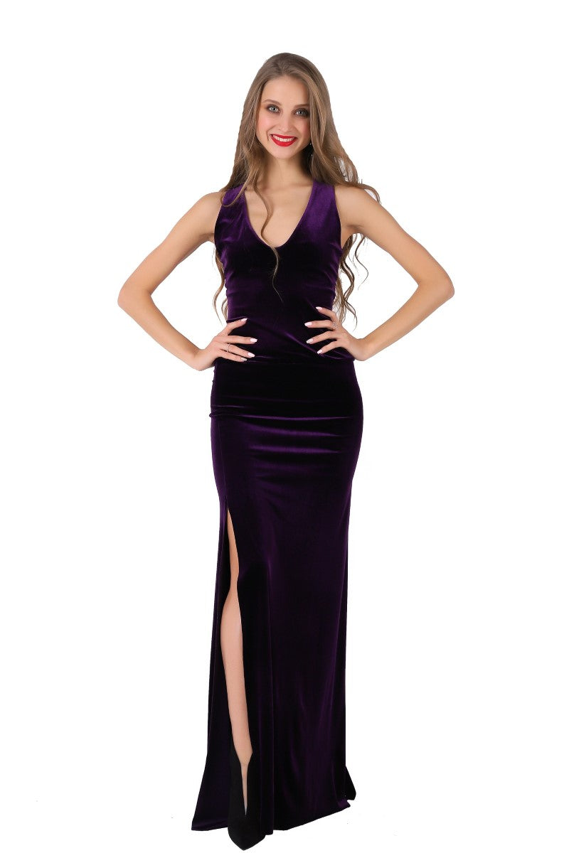 Purple Velvet Maxi Dress with Lace Back ...